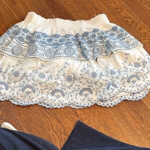 LoveShackFancy White and Blue Embroidered Mini Skirt
